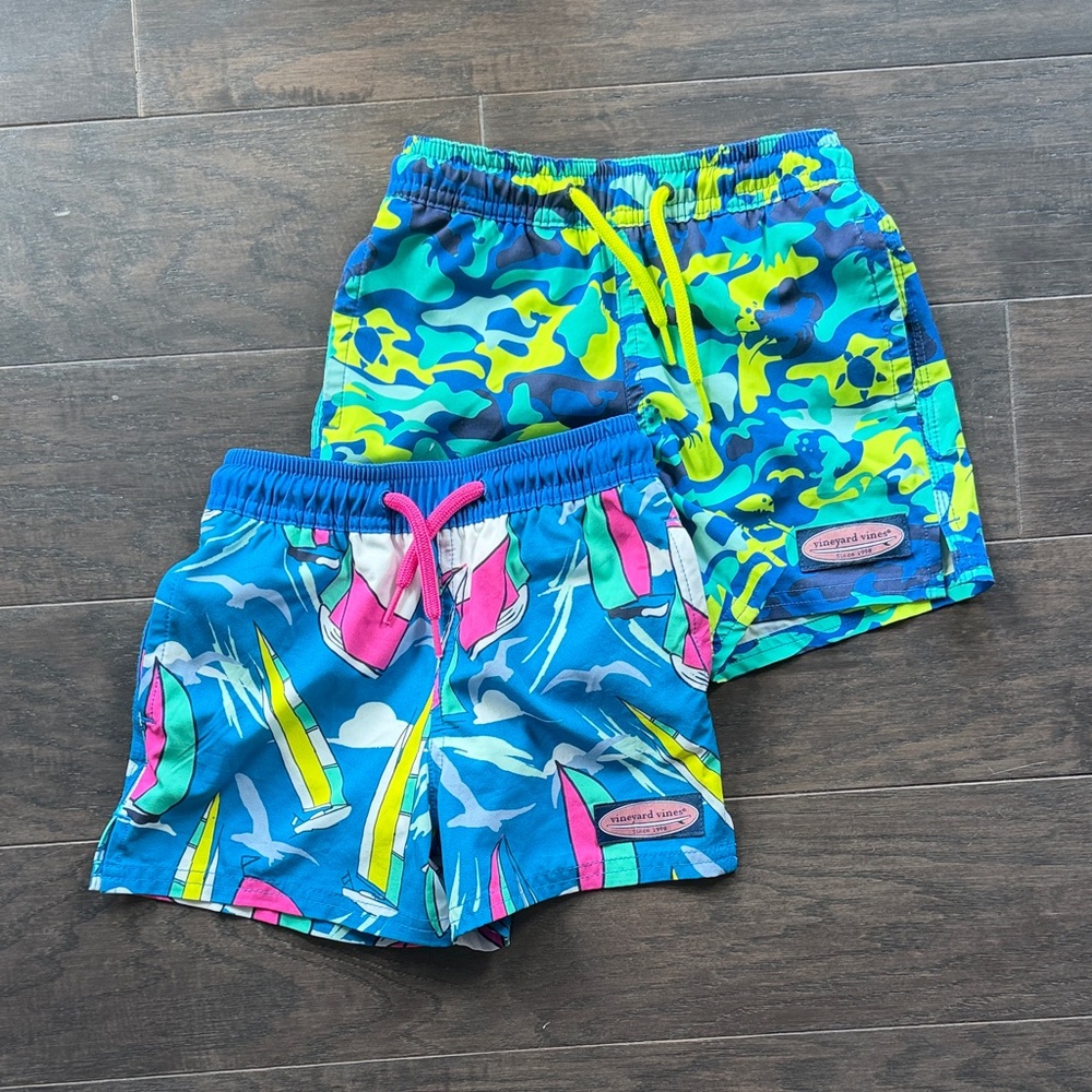 Vineyard Vines Kids Swim Trunks - Blue and Green Camo & Blue with Pink Accents